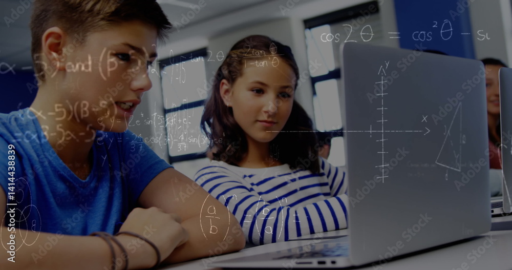 Aufkleber image of mathematical equations over students using laptop in classroom
