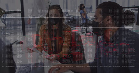 Image of financial data processing over diverse business people wearing face masks