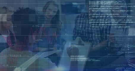 Image of financial data processing over diverse business people in office