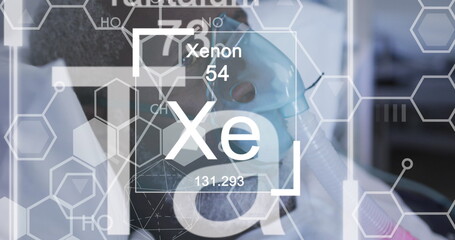 Image of chemical symbols over patient with oxygen mask