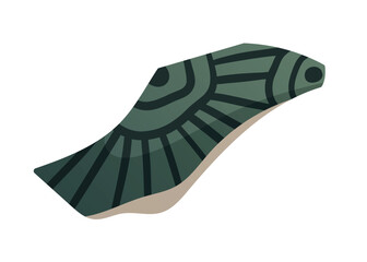 Vector isolated cartoon illustration of broken mosaic tile fragment with geometric patterns. Ancient ceramic shard with decorative ornament in earthy colors.