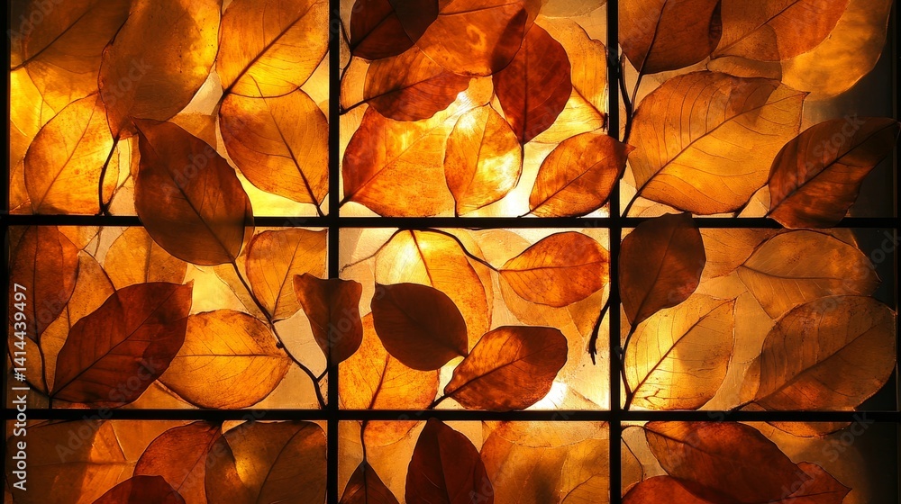 Poster square grid with brown leaves pattern backlit creating warm light and shadows.