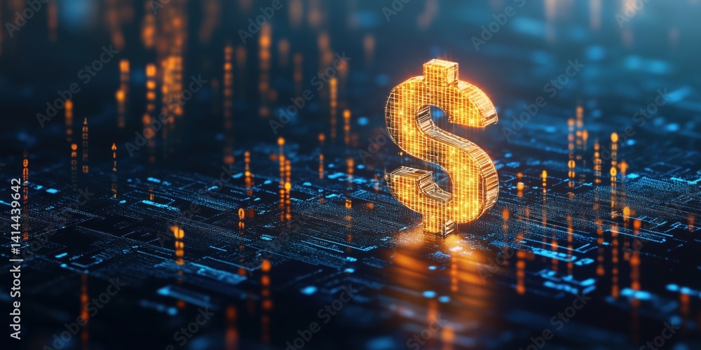 Poster digital dollar symbol glowing in futuristic technology background with data streams