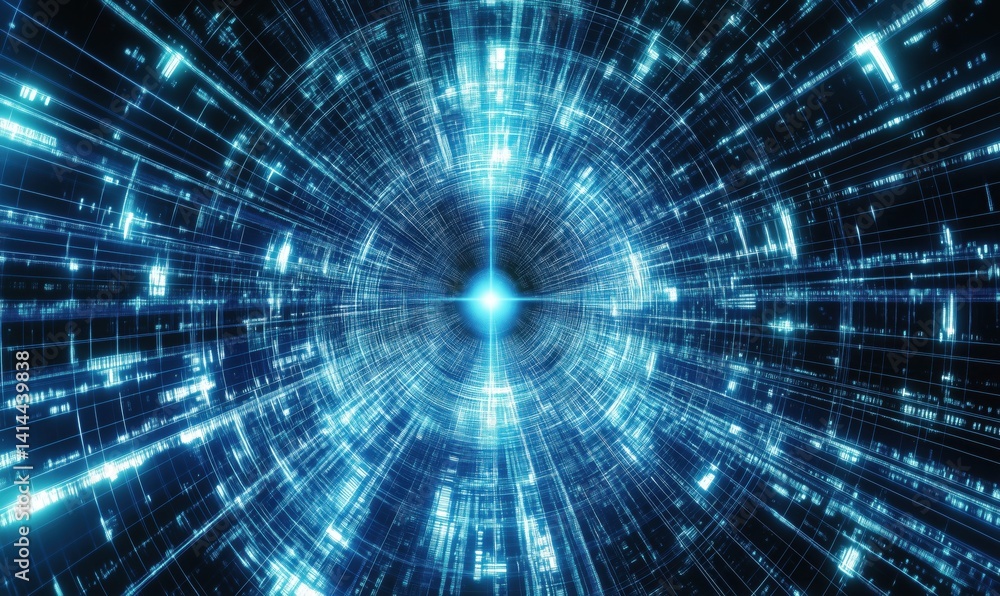 Poster futuristic digital tunnel with glowing blue lines and data streams
