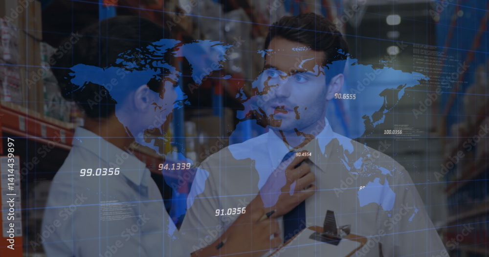 Poster image of data processing and world map over people in warehouse