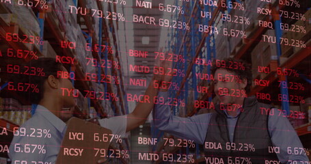 Image of stock market over diverse business people in warehouse