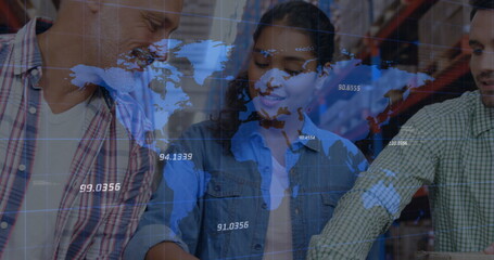 Image of financial data processing and world map over diverse workers in warehouse