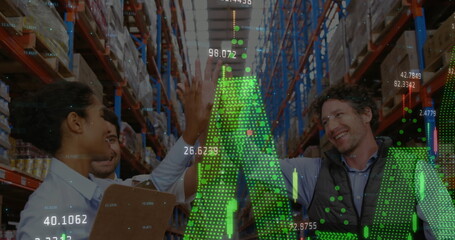 Image of financial data processing over diverse business people in warehouse