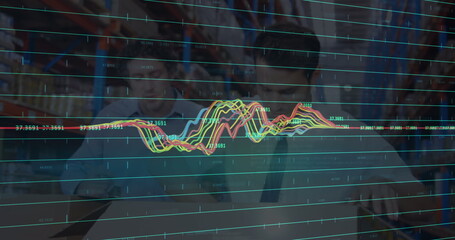 Image of financial data processing over diverse business people in warehouse