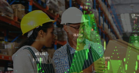 Image of financial data processing over diverse workers in warehouse