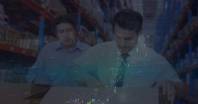 Image of financial data processing with diverse business people in warehouse
