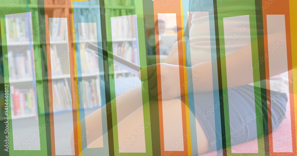 Poster image of books moving over child using tablet in library