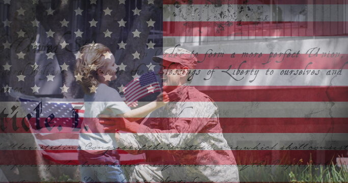 Image of flag of united states of america over happy caucasian male soldier with daughter