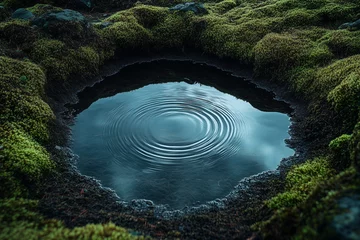 A small puddle of water surrounded by green moss, with ripples emanating from the center. The reflection of the sky is visible in the water, creating a peaceful and serene atmosphere 