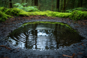 A serene puddle of water in a forest setting, with ripples creating a mesmerizing pattern on its surface. The surrounding area features lush greenery and a soft, natural ambiance.