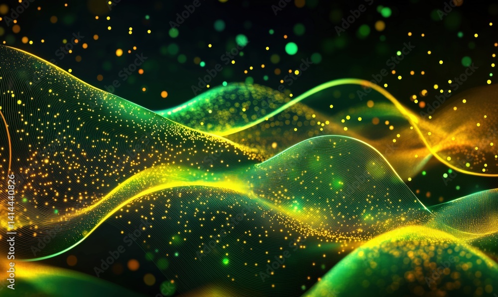 Poster abstract wave patterns with glowing particles in green and gold colors