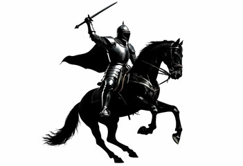 Fototapeta premium A dramatic black silhouette of a medieval knight in armor riding a rearing horse, holding a raised sword or lance. 