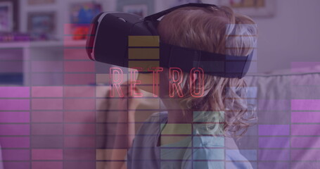 Image of retro text over caucasian boy using vr headset