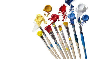 Vibrant array of paintbrushes and colorful paints ready for artistic expression at a creative studio