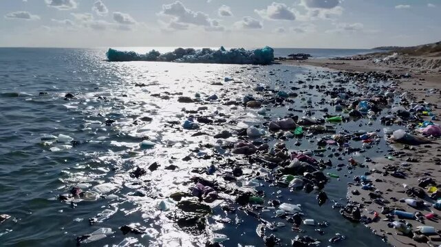 Aerial View of Plastic Waste Floating in Vast Blue Ocean