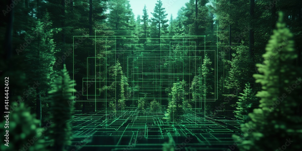Aufkleber digital forest with green grid overlay representing technology and nature integration