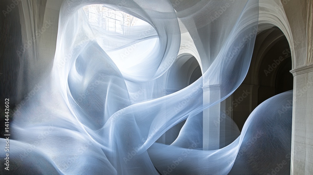 Poster ethereal flow of light and fabric in abstract architectural space