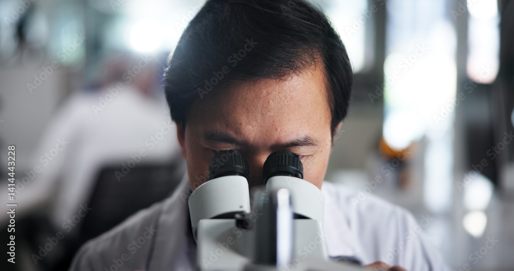 Poster man, research or scientist with microscope for forensic study or new discovery at laboratory. male p