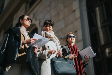 Group of three professional women discussing work outdoors, carrying folders and documents in sunlight.