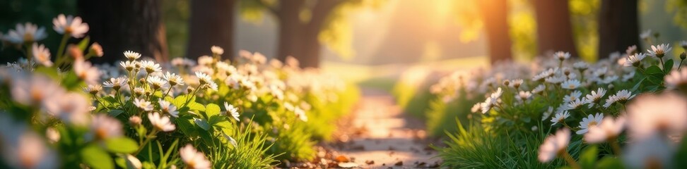 Delicate blossoms, sun-dappled path, floral essence, spring, bloom, soft