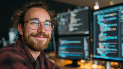 Smiling software developer with code on screen, modern workspace