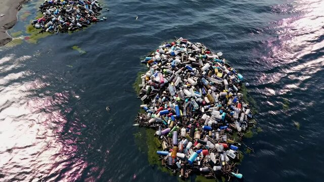 Floating Plastic Waste Island in Ocean Creating Water Pollution