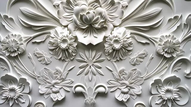 An exquisite display of a white relief design showcasing elaborate floral patterns, emphasizing intricate flowers and decorative elements on a wall.