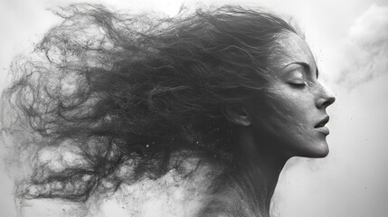 Fototapeta premium Whispers of Serenity: A portrait of a woman with flowing hair, serene eyes closed, embodies tranquility. The wind-swept locks, like ephemeral wisps, blend with a tranquil ambiance.