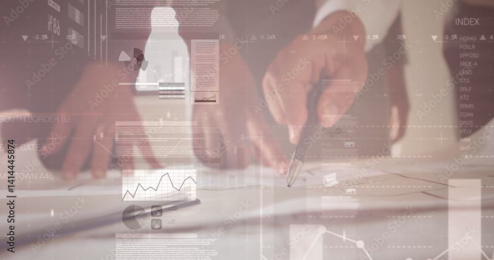 Poster image of statistics and data processing over architects with plans in meeting