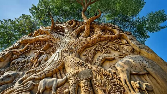 Carved tree trunk, wildlife relief, outdoor art, lush trees background