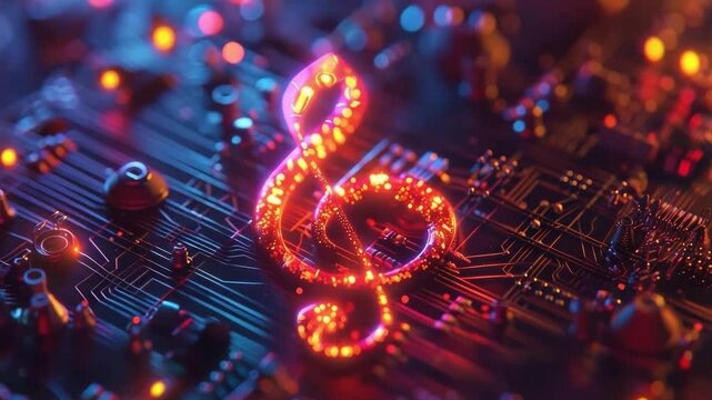 Vibrant image showcasing a glowing musical note on a circuit board, representing a unique blend of music and technology for creative projects.