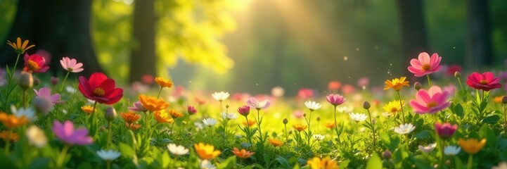 Fototapeta premium Sun-dappled glade, vibrant wildflowers, spring bloom, April, aerial