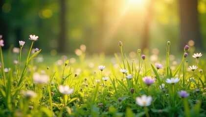 Sunlight dappled meadow, emerging wildflowers, soft pastel hues , beauty, delicate, landscape