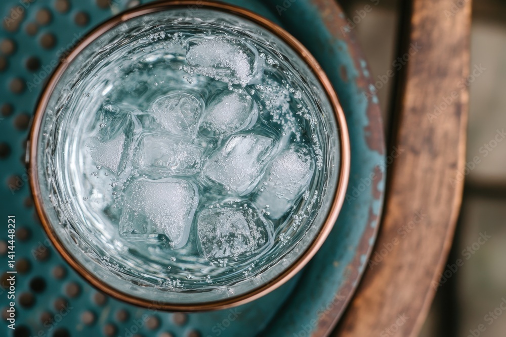 Poster refreshing glass of sparkling water with ice cubes on rustic table top view capturing cool refreshme