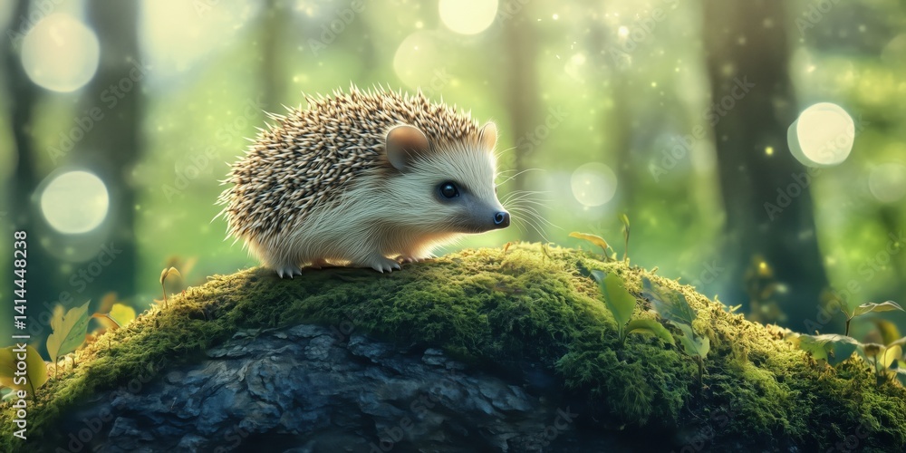 Poster hedgehog on mossy rock in enchanting forest with soft bokeh background