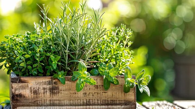 Fresh herbs flourish in a rustic wooden box, soaking up warm sunlight in a vibrant outdoor garden
