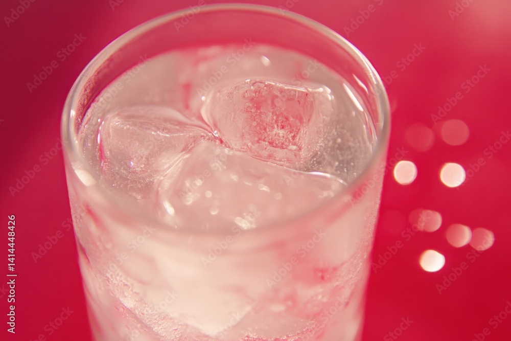 Aufkleber refreshing cold water with ice cubes in a glass on a vibrant pink background creating a visually app