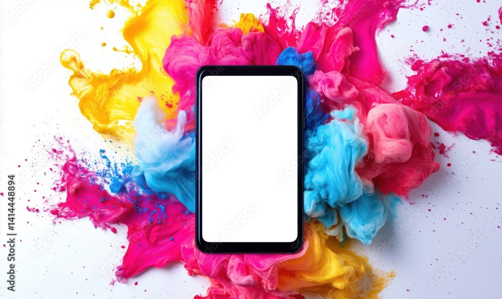 Poster Colorful abstract splash background with blank smartphone screen for design