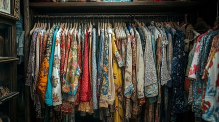 A beautifully organized clothing rack showcases a diverse collection of trendy outfits and accessories in a luxurious boutique