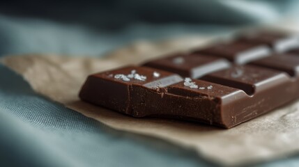 Artisan chocolate with delicate sea salt flakes rests on crinkled paper, highlighting an indulgent, rich experience.
