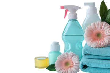 Spring cleaning, household chemicals, cleaning rags and flower, isolated on white background, PNG