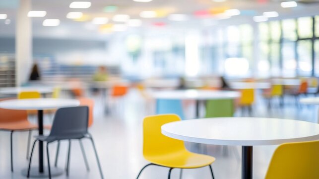 Modern dining area with colorful chairs, blurred background, bright lighting, and empty tables, perfect for vibrant social or business gatherings and creative atmospheres.