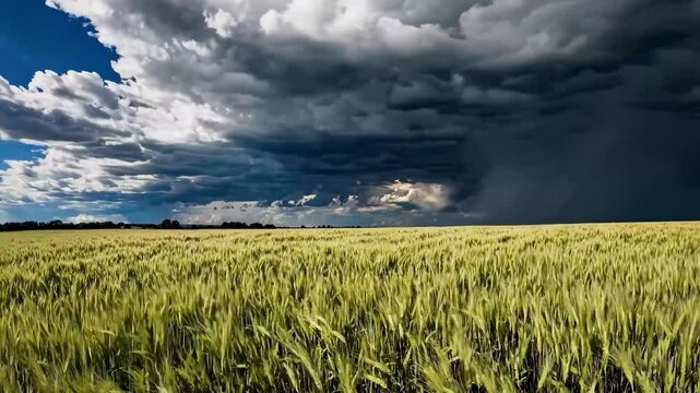 Green wheat field under approaching storm with dramatic cloud formation