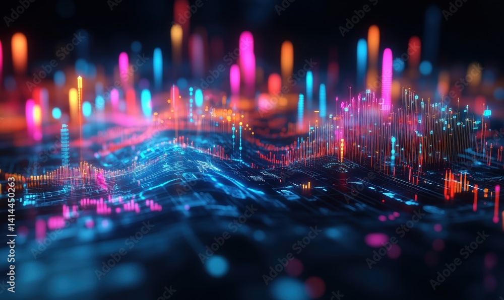 Poster colorful abstract data visualization with glowing lines and peaks in digital landscape