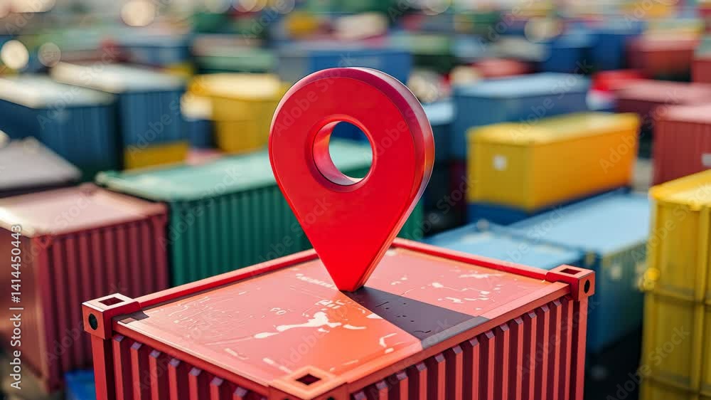 Poster explore the vibrant shipping container yard featuring a key location marker and a mix of colorful co